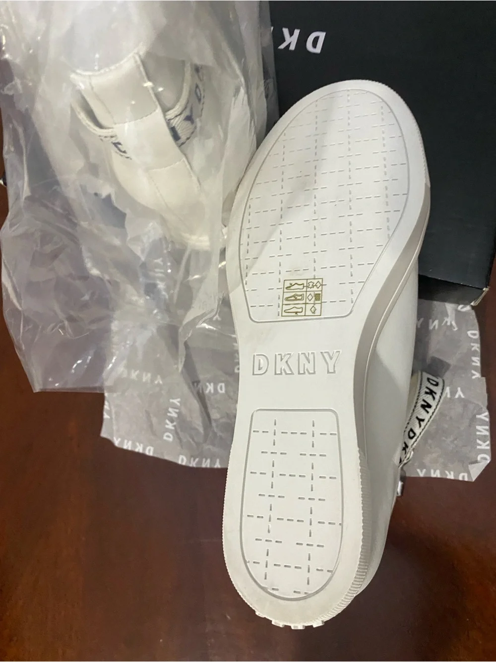DKNY White Leather Wedge Sneaker Boot with Branded Strap